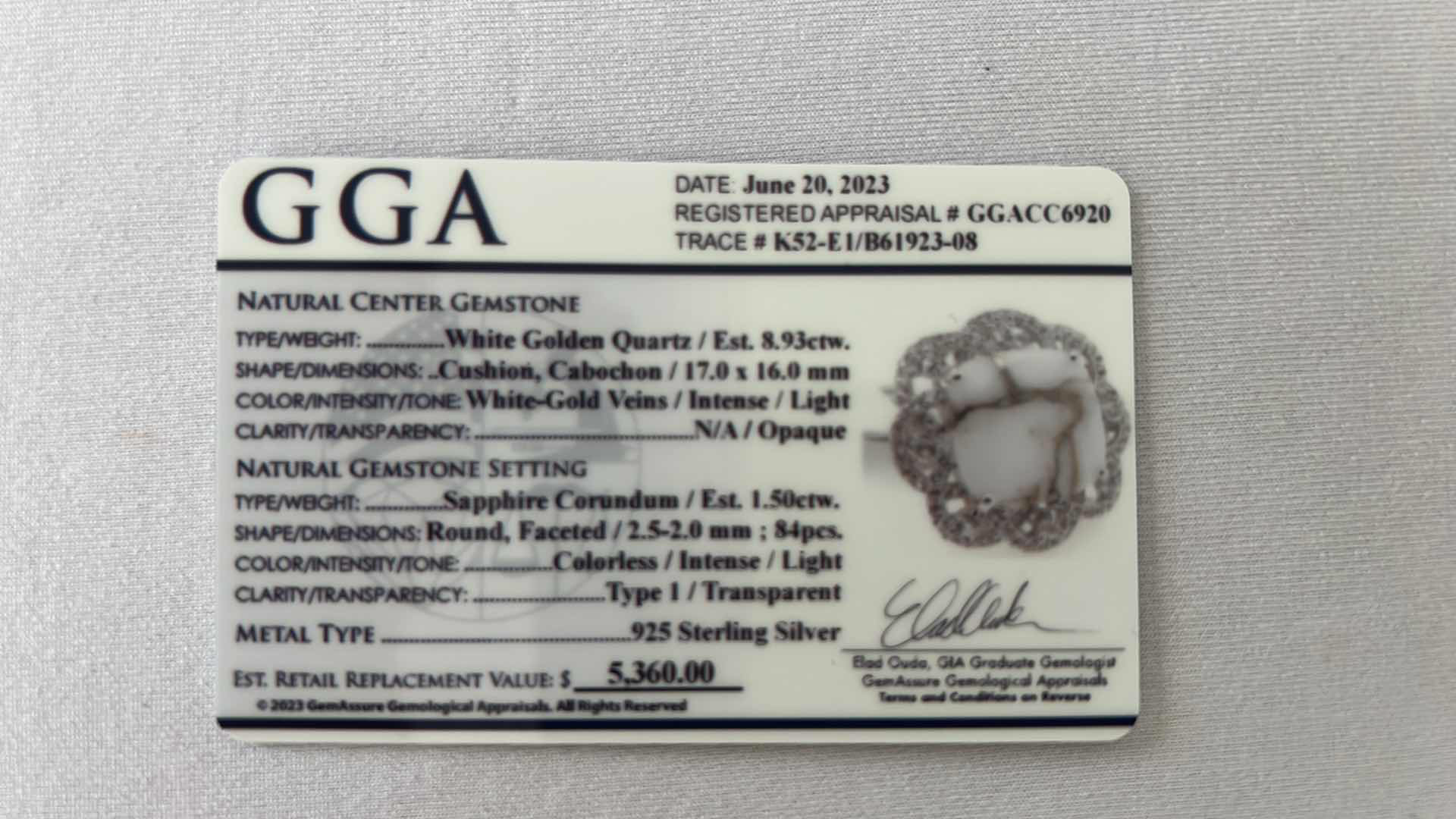 Photo 5 of 925 STERLING SILVER WHITE GOLD QUARTZ & SAPPHIRE CORUNDUM RING-GGA CERTIFIED-APPROX. SIZE 6.5   RN034339