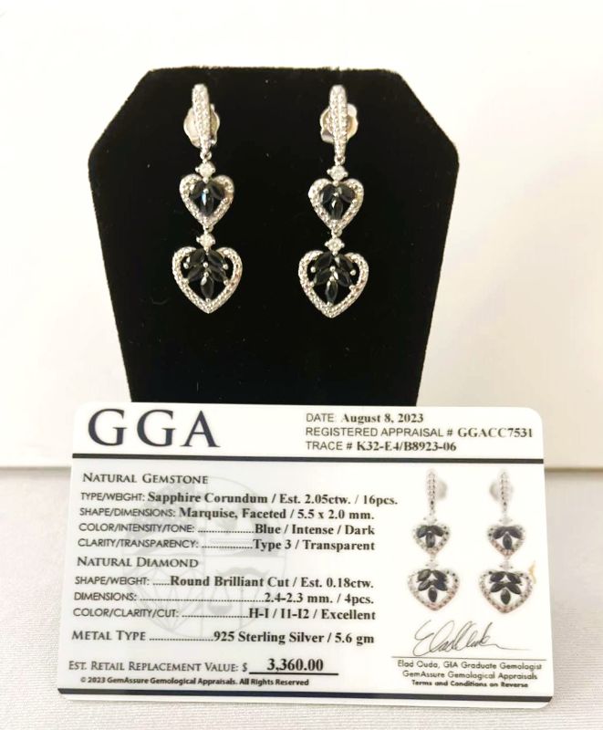 Photo 1 of 925 STERLING SILVER SAPPHIRE CORUNDUM & DIAMOND EARRINGS-GGA CERTIFIED   ER007216