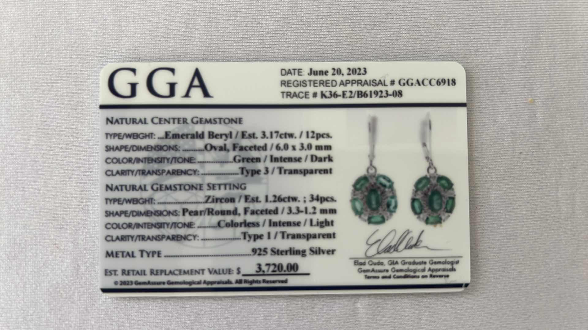 Photo 5 of 925 STERLING SILVER EMERALD BERYL & ZIRCON EARRINGS-GGA CERTIFIED    ER007112