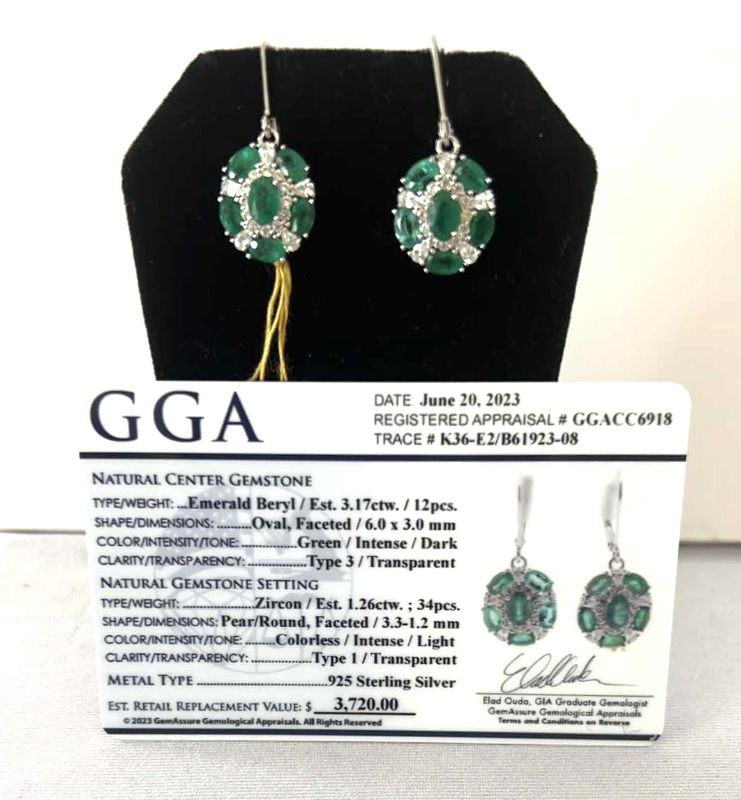 Photo 1 of 925 STERLING SILVER EMERALD BERYL & ZIRCON EARRINGS-GGA CERTIFIED    ER007112