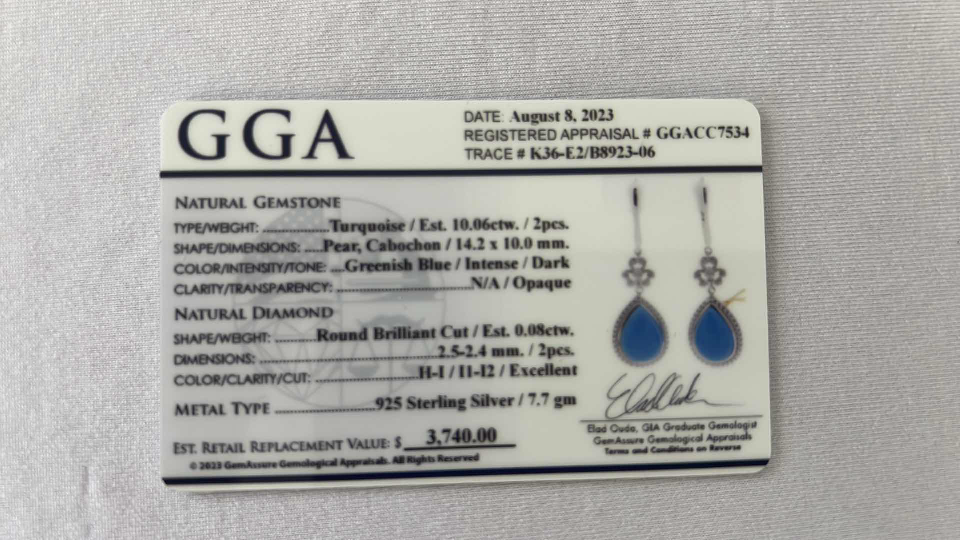 Photo 5 of 925 STERLING SILVER TURQUOISE & DIAMOND PEAR SHAPED EARRINGS-GGA CERTIFIED    ER007215