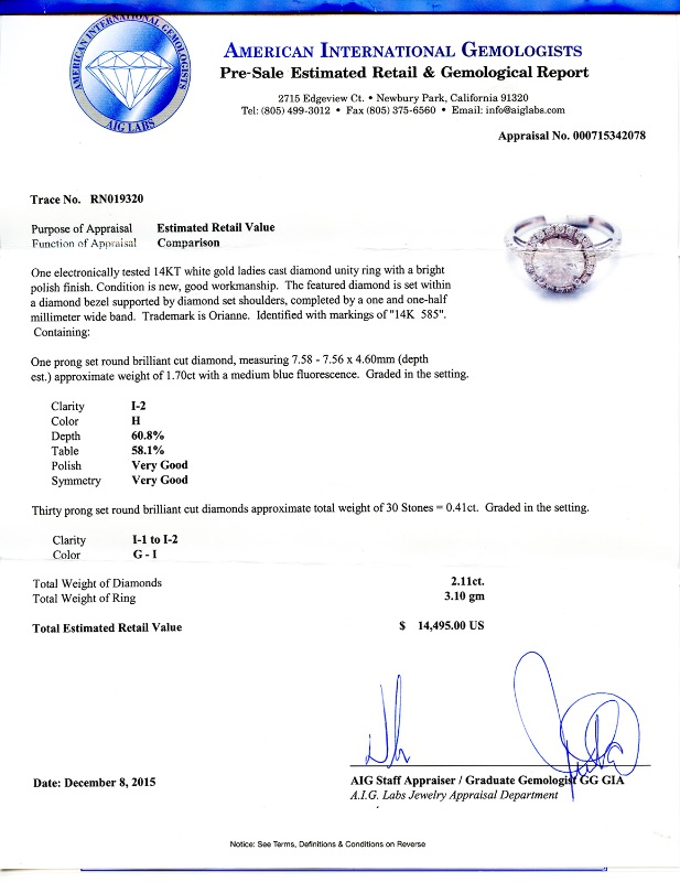 Photo 3 of  1.70ct CENTER Diamond 14K White Gold Ring (2.11ctw Diamonds)  (Approx. Size 6-7)  RN019320