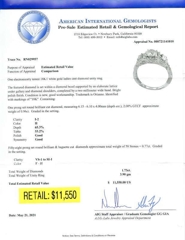 Photo 3 of  0.96ct CENTER Diamond 18K White Gold Ring (1.73ctw Diamonds)  (Approx Size 6-7)   RN029957