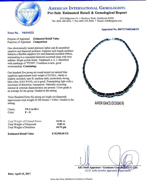 Photo 4 of  24.82ctw Blue Sapphire and 0.60ctw Diamond Platinum Necklace  NK010222