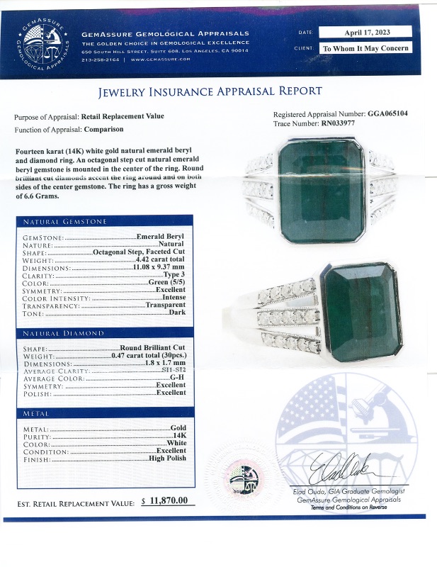 Photo 4 of 4.42ct Emerald and 0.47ctw Diamond 14K White Gold Ring (Approx Size 6-7)  RN033977