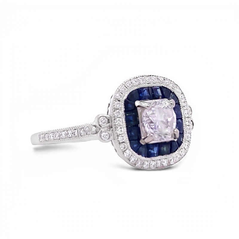 Photo 1 of  0.61ct F COLOR VS2 CLARITY CENTER Diamond and 0.77ctw Blue Sapphire Platinum Ring (1.44ctw Diamonds)  (Approx. Size 6-7)  RN030425