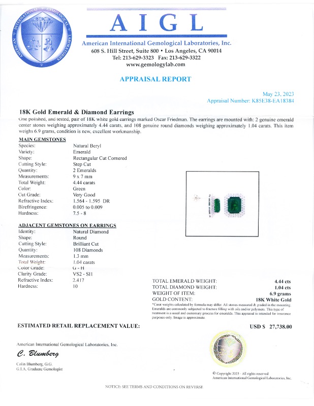 Photo 4 of 4.44ctw Emerald and 1.04ctw Diamond 18K White Gold Earrings  ER007075