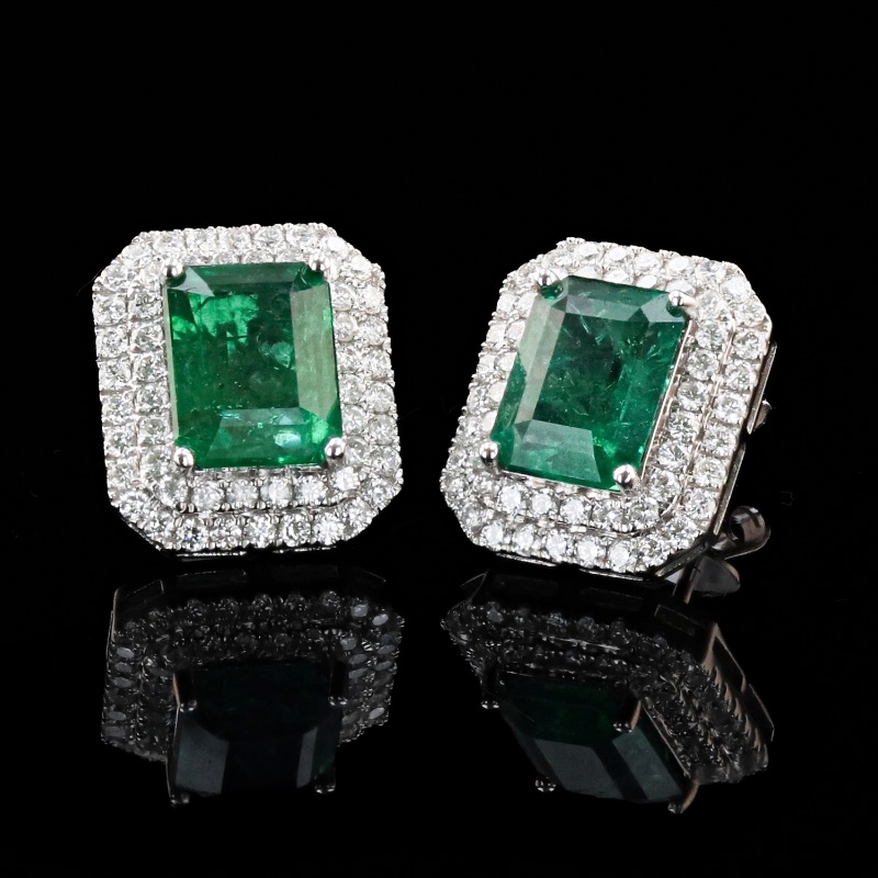 Photo 2 of 4.44ctw Emerald and 1.04ctw Diamond 18K White Gold Earrings  ER007075