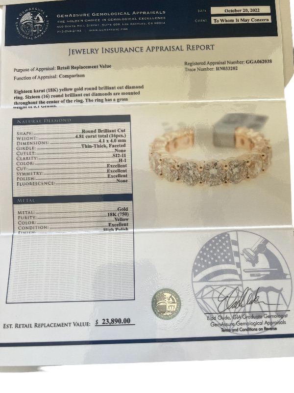 Photo 3 of 18K YELLOW GOLD 4.81CTW ROUND BRILLIANT CUT DIAMOND BAND RING W MSRP CERTIFIED APPRAISAL (Approx Size6-7)   RN033202 