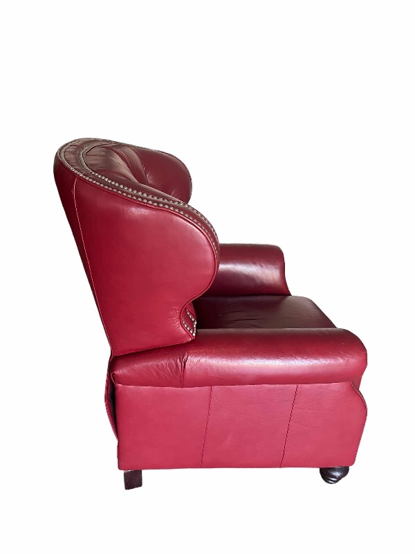 Photo 3 of COMFORT DESIGN BRAND GENUINE BURGUNDY LEATHER W NAIL HEAD TRIM HIGH BACK RECLINER- EXCELLENT CONDITION