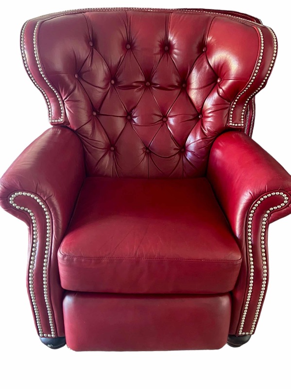 Photo 1 of COMFORT DESIGN BRAND GENUINE BURGUNDY LEATHER W NAIL HEAD TRIM HIGH BACK RECLINER- EXCELLENT CONDITION