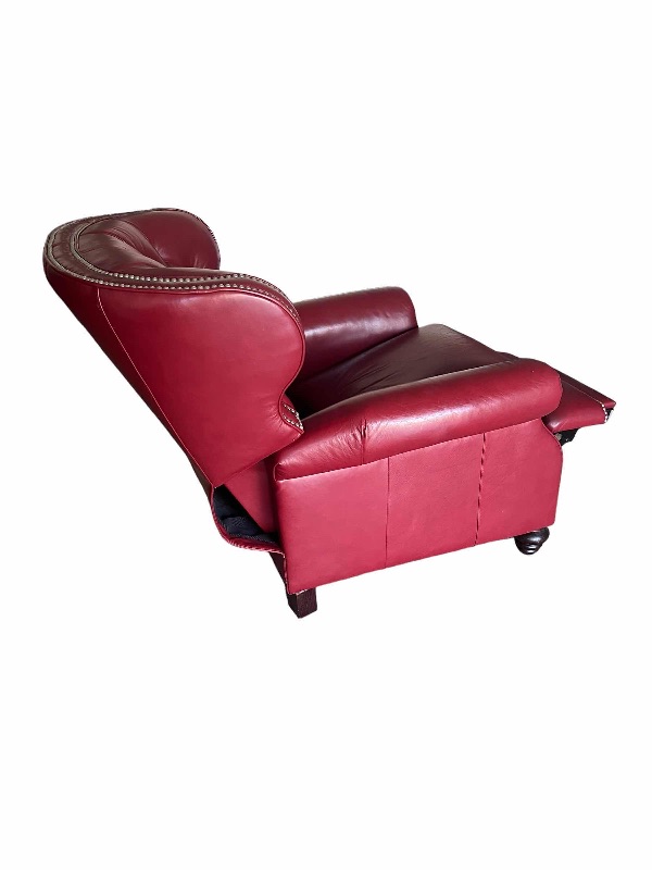 Photo 2 of COMFORT DESIGN BRAND GENUINE BURGUNDY LEATHER W NAIL HEAD TRIM HIGH BACK RECLINER- EXCELLENT CONDITION