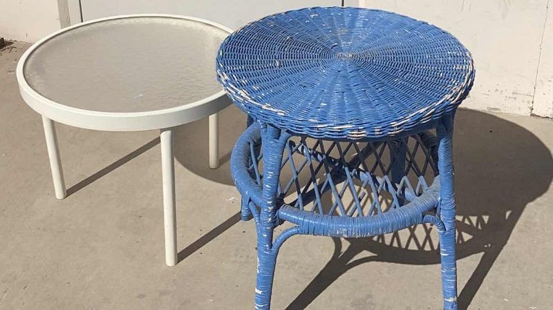 Photo 1 of 19" ROUND BLUE WICKER SIDE TABLE, 20" ROUND OUTDOOR SIDE TABLE