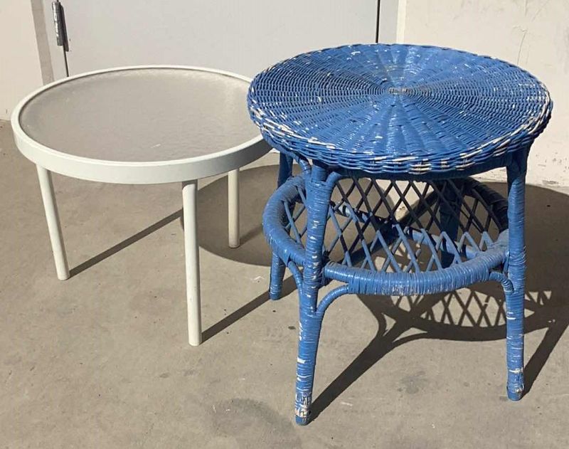 Photo 2 of 19" ROUND BLUE WICKER SIDE TABLE, 20" ROUND OUTDOOR SIDE TABLE