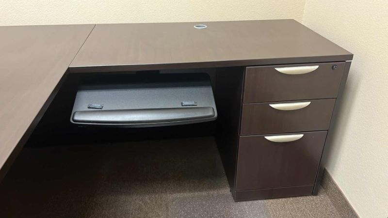 Photo 3 of DARK WOOD LAMINATE L-SHAPED COMPUTER OFFICE DESK W 3 DRAWER FILE CABINET 66" X 72"