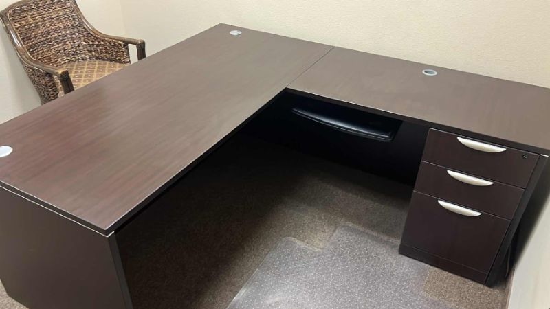 Photo 2 of DARK WOOD LAMINATE L-SHAPED COMPUTER OFFICE DESK W 3 DRAWER FILE CABINET 66" X 72"