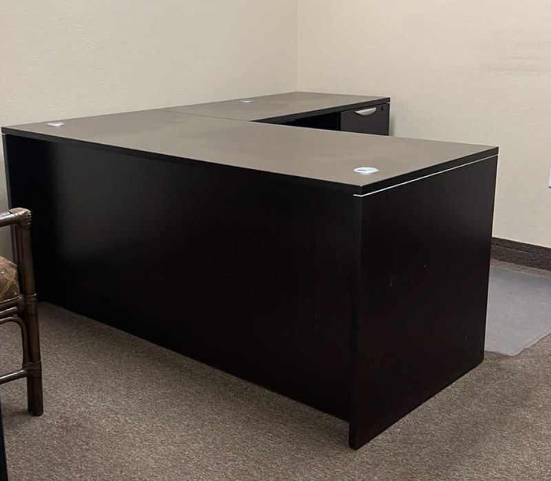 Photo 1 of DARK WOOD LAMINATE L-SHAPED COMPUTER OFFICE DESK W 3 DRAWER FILE CABINET 66" X 72"