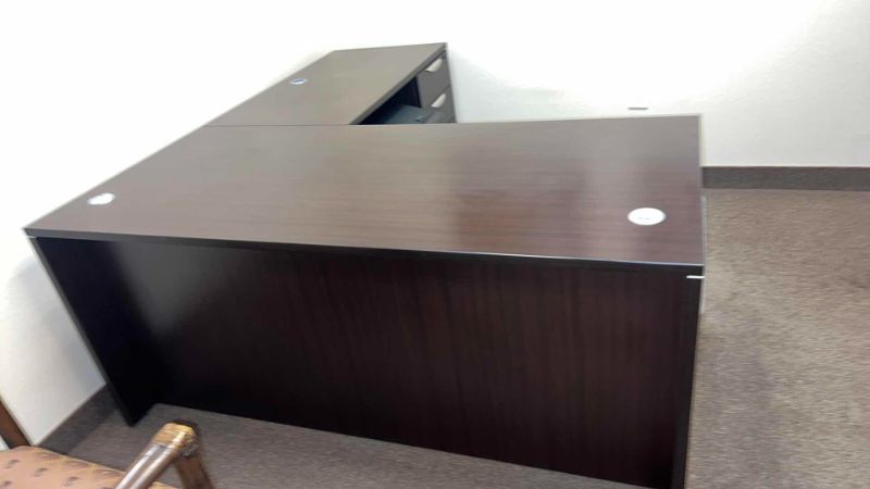 Photo 2 of DARK WOOD LAMINATE L-SHAPED COMPUTER OFFICE DESK W. 3 DRAWER FILE CABINET 66" X 72"