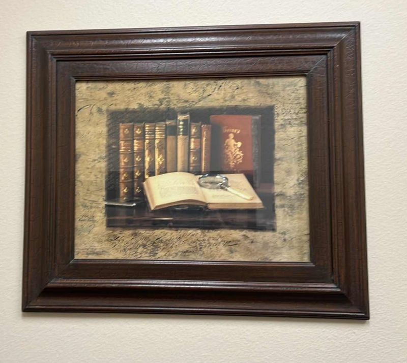 Photo 1 of CRACKLED WOOD FRAMED “BOOK W MAGNIFYING GLASS” ARTWORK 28” x 24”