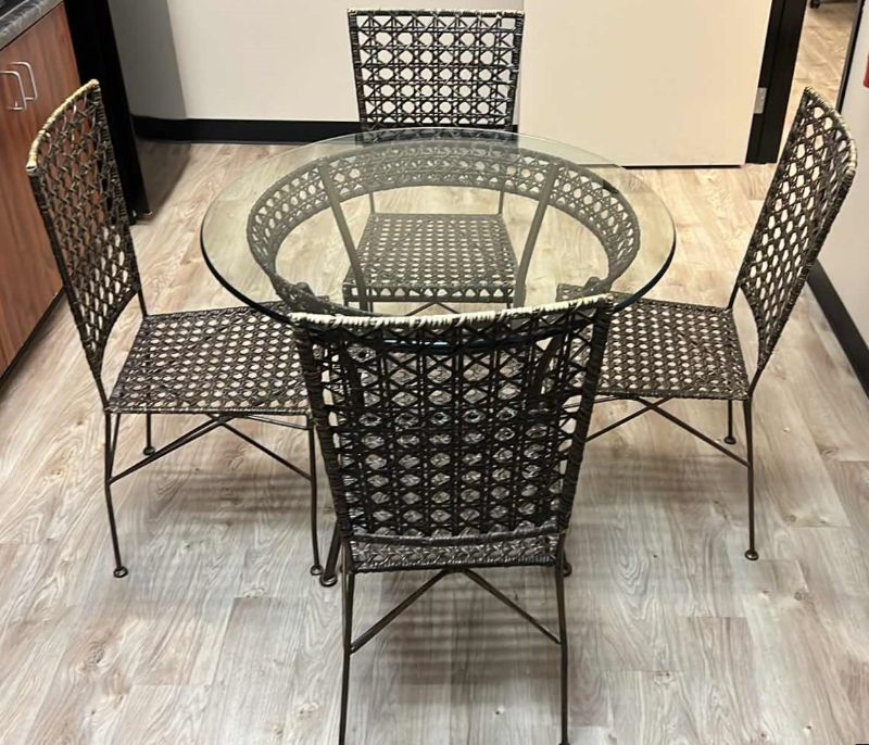 Photo 1 of 36” ROUND CANE W GLASSTOP TABLE W 4 CANE SIDE CHAIRS