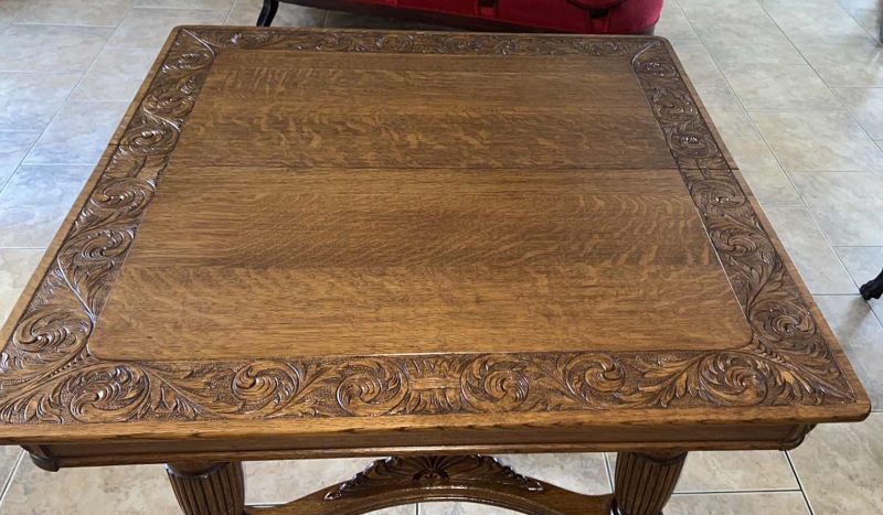 Photo 5 of ANTIQUE R J HORNER AMERICAN OAK ORNATE CARVED DINING TABLE W 2-12”W EXTENSIONS (TOTAL EXTENDED SIZE 72” x 48”)-CHAIRS SOLD SEPARATELY