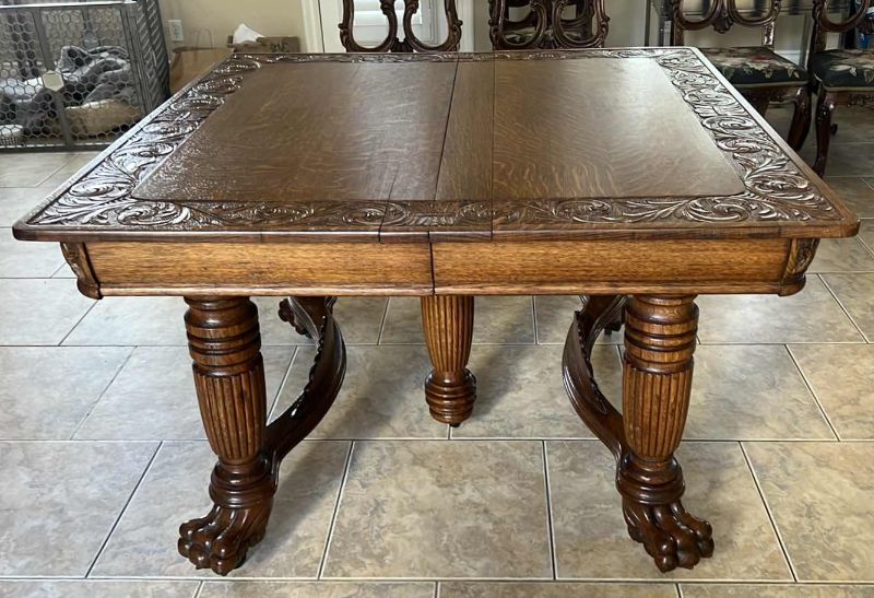 Photo 3 of ANTIQUE R J HORNER AMERICAN OAK ORNATE CARVED DINING TABLE W 2-12”W EXTENSIONS (TOTAL EXTENDED SIZE 72” x 48”)-CHAIRS SOLD SEPARATELY