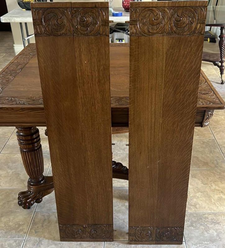 Photo 6 of ANTIQUE R J HORNER AMERICAN OAK ORNATE CARVED DINING TABLE W 2-12”W EXTENSIONS (TOTAL EXTENDED SIZE 72” x 48”)-CHAIRS SOLD SEPARATELY