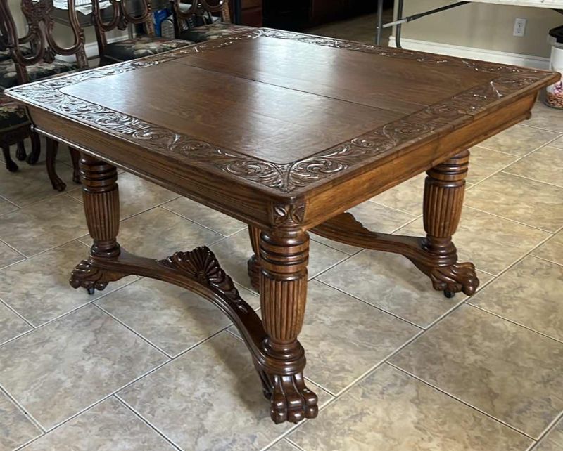 Photo 4 of ANTIQUE R J HORNER AMERICAN OAK ORNATE CARVED DINING TABLE W 2-12”W EXTENSIONS (TOTAL EXTENDED SIZE 72” x 48”)-CHAIRS SOLD SEPARATELY