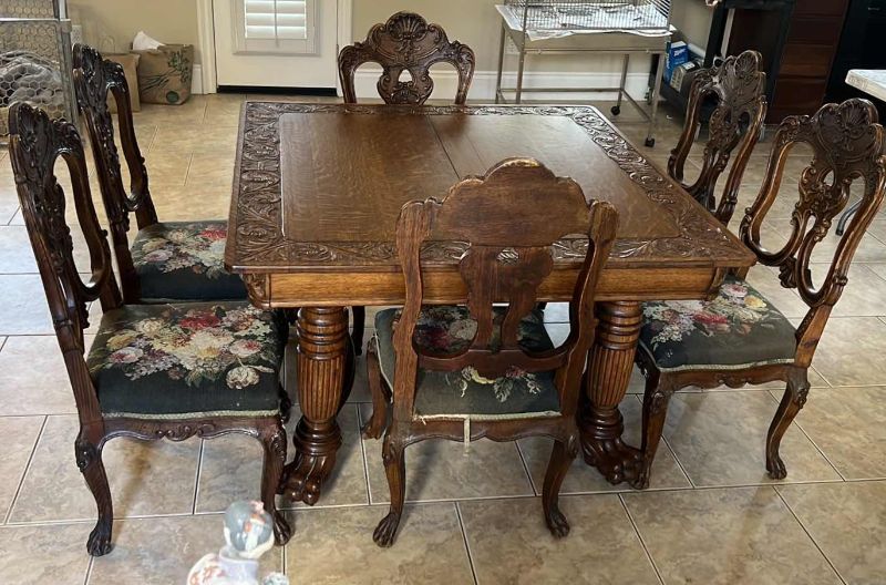 Photo 1 of ANTIQUE R J HORNER AMERICAN OAK ORNATE CARVED DINING TABLE W 2-12”W EXTENSIONS (TOTAL EXTENDED SIZE 72” x 48”)-CHAIRS SOLD SEPARATELY