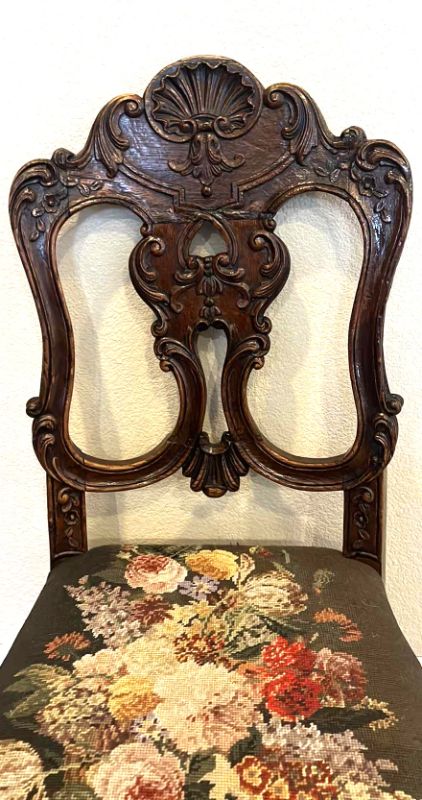 Photo 4 of ANTIQUE FRENCH OAK CARVED WOOD SIDE CHAIRS W CROSSED-STITCHED FABRIC CUSHION SEAT (MATCHING DINING TABLE SOLD SEPARATELY)