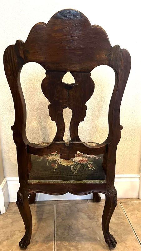 Photo 3 of ANTIQUE FRENCH OAK CARVED WOOD SIDE CHAIRS W CROSSED-STITCHED FABRIC CUSHION SEAT (MATCHING DINING TABLE SOLD SEPARATELY)