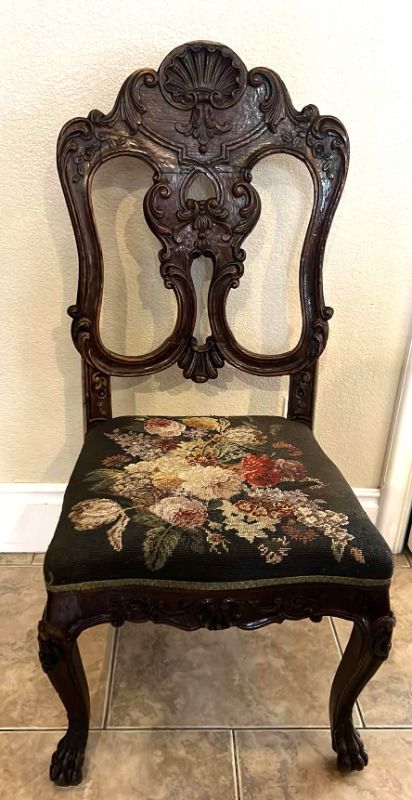 Photo 1 of ANTIQUE FRENCH OAK CARVED WOOD SIDE CHAIRS W CROSSED-STITCHED FABRIC CUSHION SEAT (MATCHING DINING TABLE SOLD SEPARATELY)