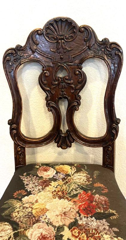 Photo 5 of ANTIQUE FRENCH OAK CARVED WOOD SIDE CHAIR W CROSSED-STITCHED FABRIC SEAT (MATCHING DINING TABLE SOLD SEPERATELY)