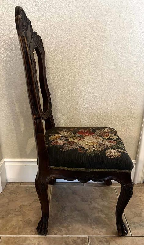 Photo 2 of ANTIQUE FRENCH OAK CARVED WOOD SIDE CHAIR W CROSSED-STITCHED FABRIC SEAT (MATCHING DINING TABLE SOLD SEPERATELY)