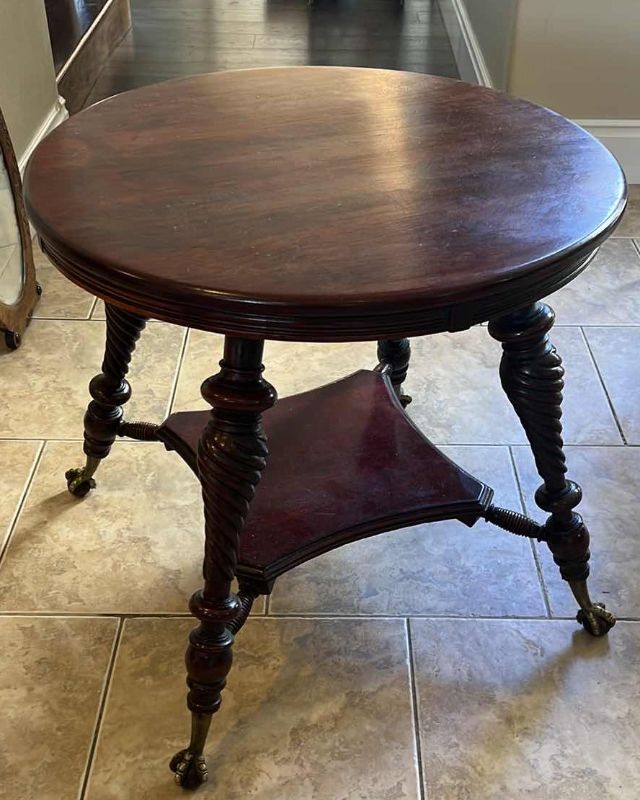 Photo 1 of 30” ROUND MAHOGANY PARLOR TABLE W BRASS CLAW LEGS H28”