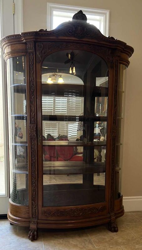 Photo 4 of ANTIQUE RJ HORNER AMERICAN OAK CURVED GLASS CURIO CABINET 52” X 18” H79”