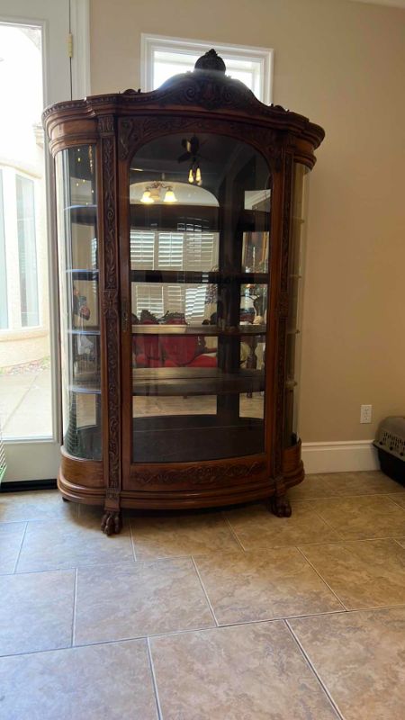 Photo 5 of ANTIQUE RJ HORNER AMERICAN OAK CURVED GLASS CURIO CABINET 52” X 18” H79”