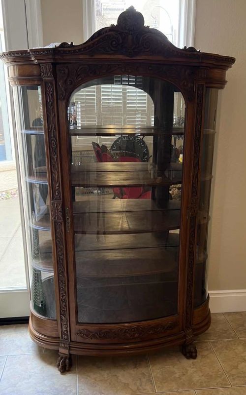 Photo 1 of ANTIQUE RJ HORNER AMERICAN OAK CURVED GLASS CURIO CABINET 52” X 18” H79”