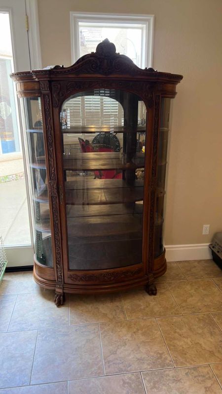 Photo 6 of ANTIQUE RJ HORNER AMERICAN OAK CURVED GLASS CURIO CABINET 52” X 18” H79”