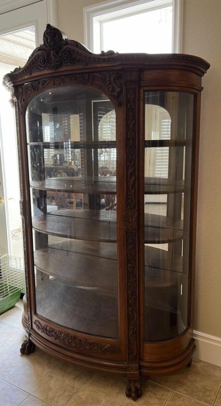 Photo 2 of ANTIQUE RJ HORNER AMERICAN OAK CURVED GLASS CURIO CABINET 52” X 18” H79”