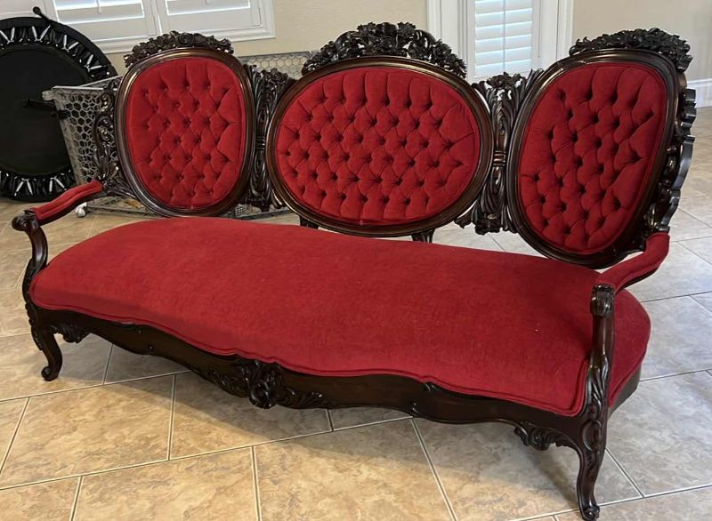 Photo 3 of ANTIQUE 1800’s RESTORED CARVED MAHOGANY WOOD W RED FABRIC UPHOLSTERY SOFA W72”