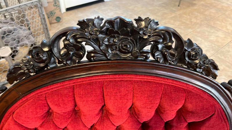 Photo 6 of ANTIQUE 1800’s RESTORED CARVED MAHOGANY WOOD W RED FABRIC UPHOLSTERY SOFA W72”
