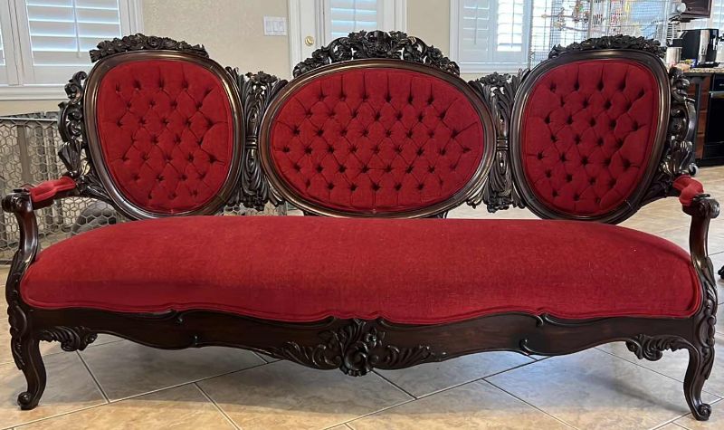 Photo 1 of ANTIQUE 1800’s RESTORED CARVED MAHOGANY WOOD W RED FABRIC UPHOLSTERY SOFA W72”