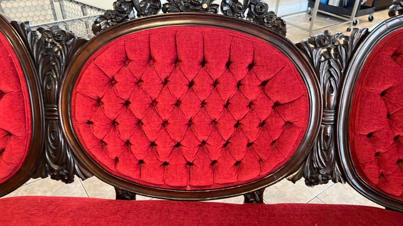 Photo 5 of ANTIQUE 1800’s RESTORED CARVED MAHOGANY WOOD W RED FABRIC UPHOLSTERY SOFA W72”
