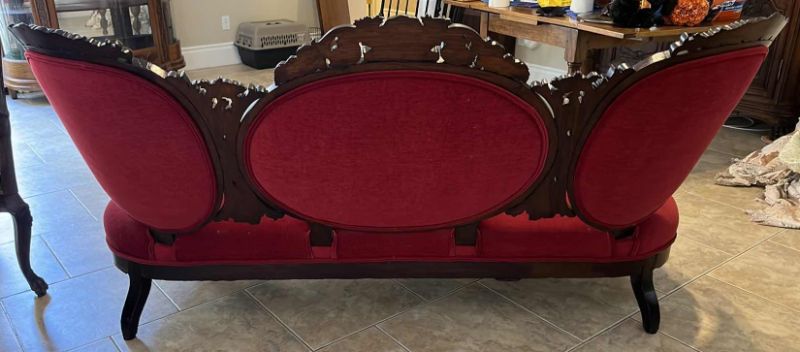 Photo 2 of ANTIQUE 1800’s RESTORED CARVED MAHOGANY WOOD W RED FABRIC UPHOLSTERY SOFA W72”