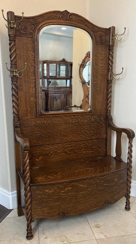 Photo 1 of ANTIQUE FRENCH OAK MIRRORED W BRASS HOOKS BENCH HALL TREE (W 43” H78”)