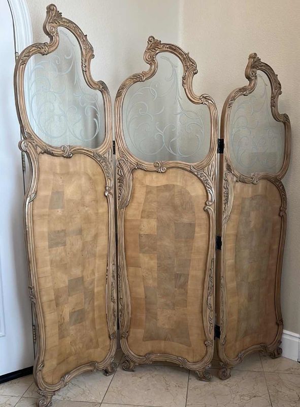 Photo 1 of ANTIQUE 3 PANEL LIGHT WOOD W ETCHED GLASS ROOM DIVIDER 70” x 80”