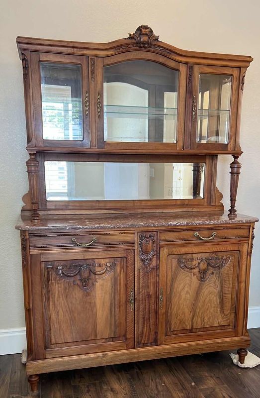 Photo 1 of ANTIQUE WALNUT HUTCH BUFFET W MARBLE TOP AND MIRROR BACK 80” x 20” H80”