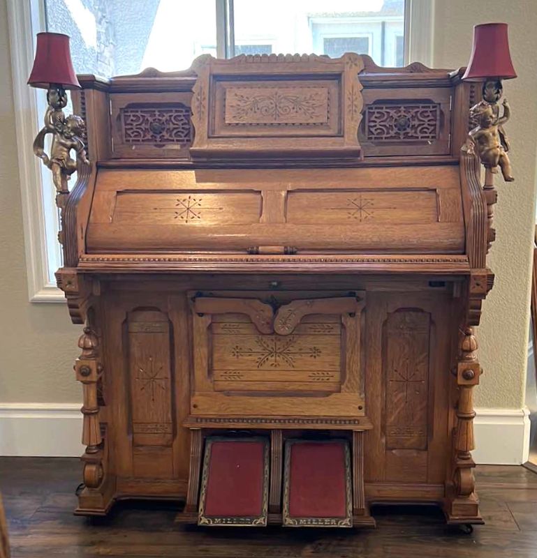 Photo 1 of ANTIQUE OAK PUMP ORGAN W GOLD CHERUB LIGHTS REPURPOSED TO DESK 44” x 24 H48”