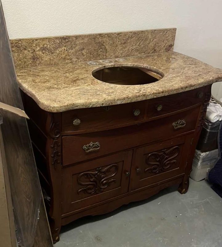 Photo 2 of  ANTIQUE VICTORIAN WALNUT WOOD BATHROOM VANITY CABINET W  MARBLE TOP 45” x 22” H 43”.